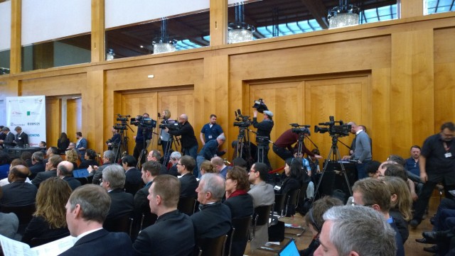 TV film crews were on hand for the opening remarks made by German Foreign Secretary Steinmeier and Energiewende Minister Gabriel. German Environmental Minister Hendricks opened the second day of the conference. (Source: Craig Morris)