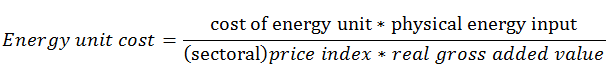 Energy unit cost=(cost of energy unit*physical energy input)/((sectoral)price index*real gross added value)