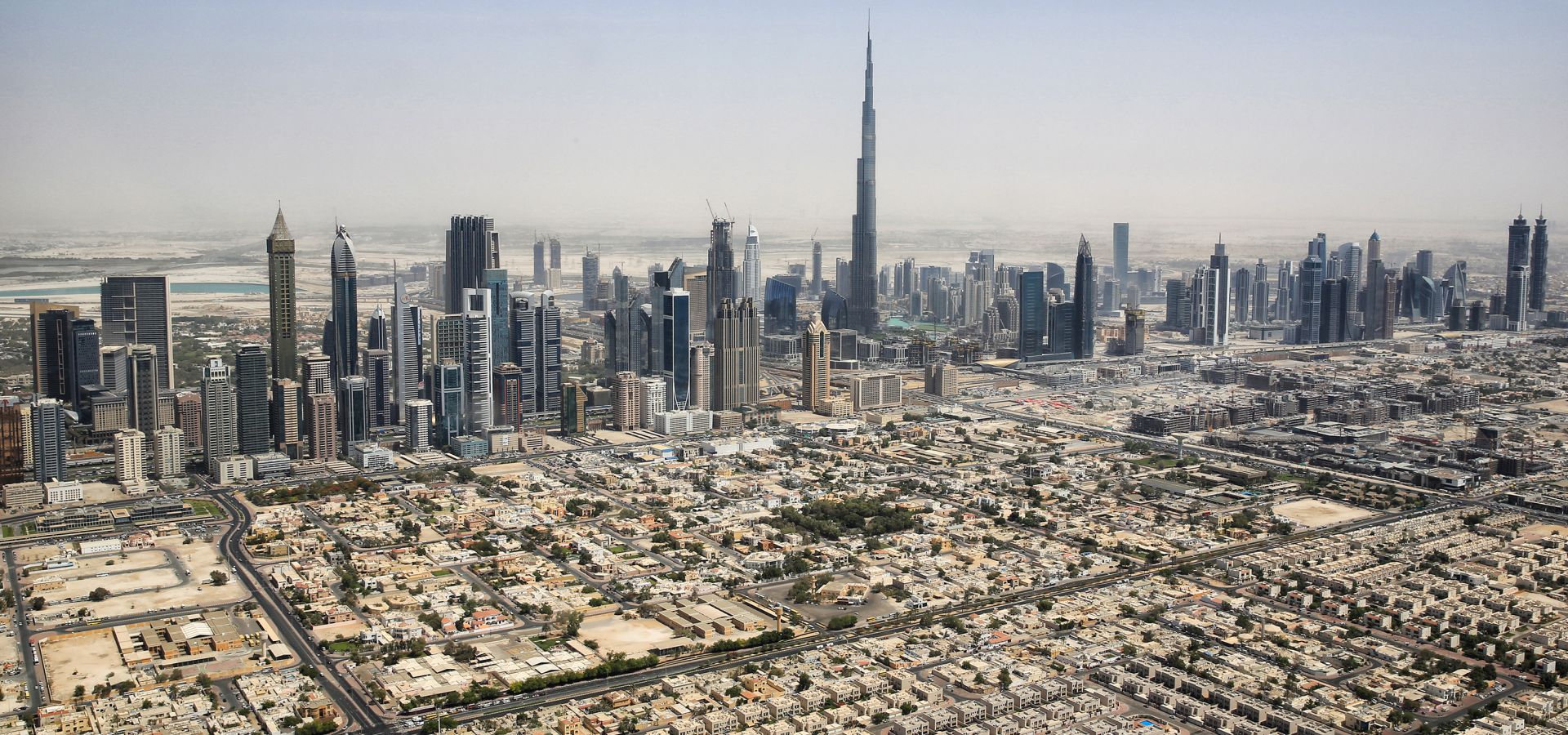 The skyline of the city Dubai from a helicopter. 