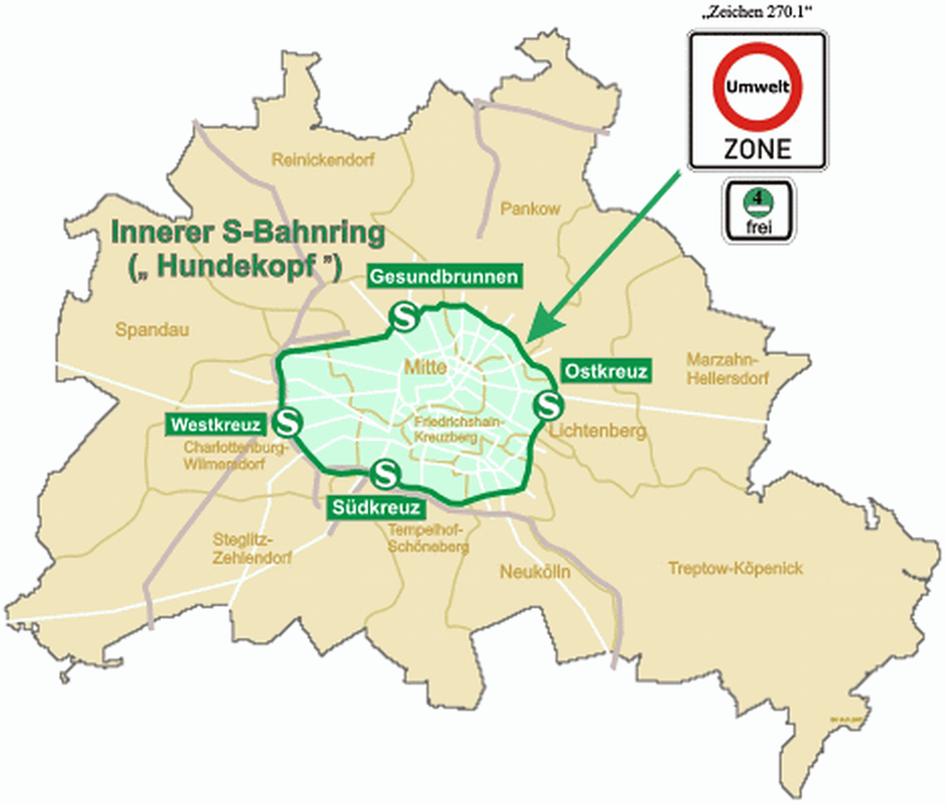 A map of Berlin, the inside of the S-Bahn-Ring is green. 