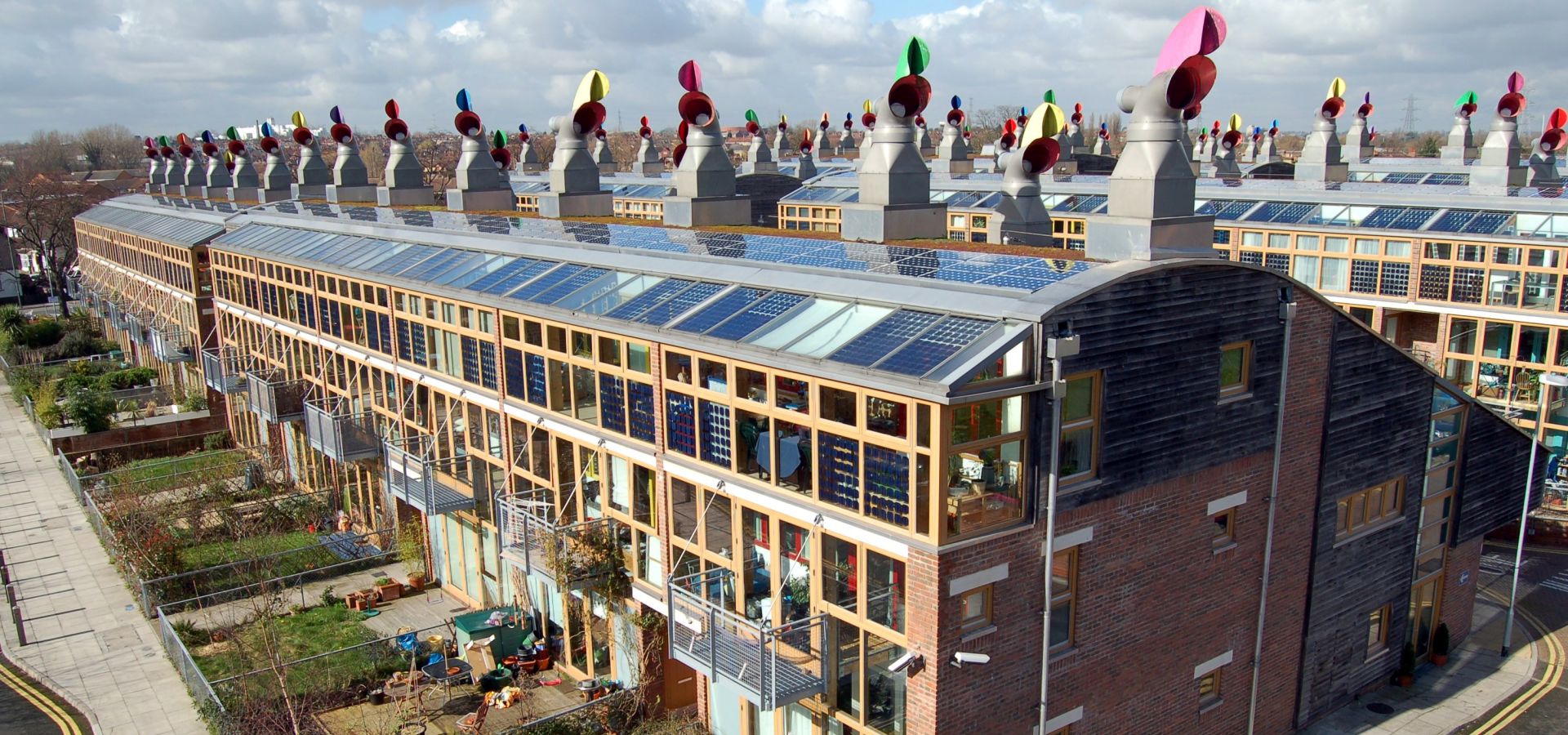 view of rooftops of the eco village BEdZED in the UK