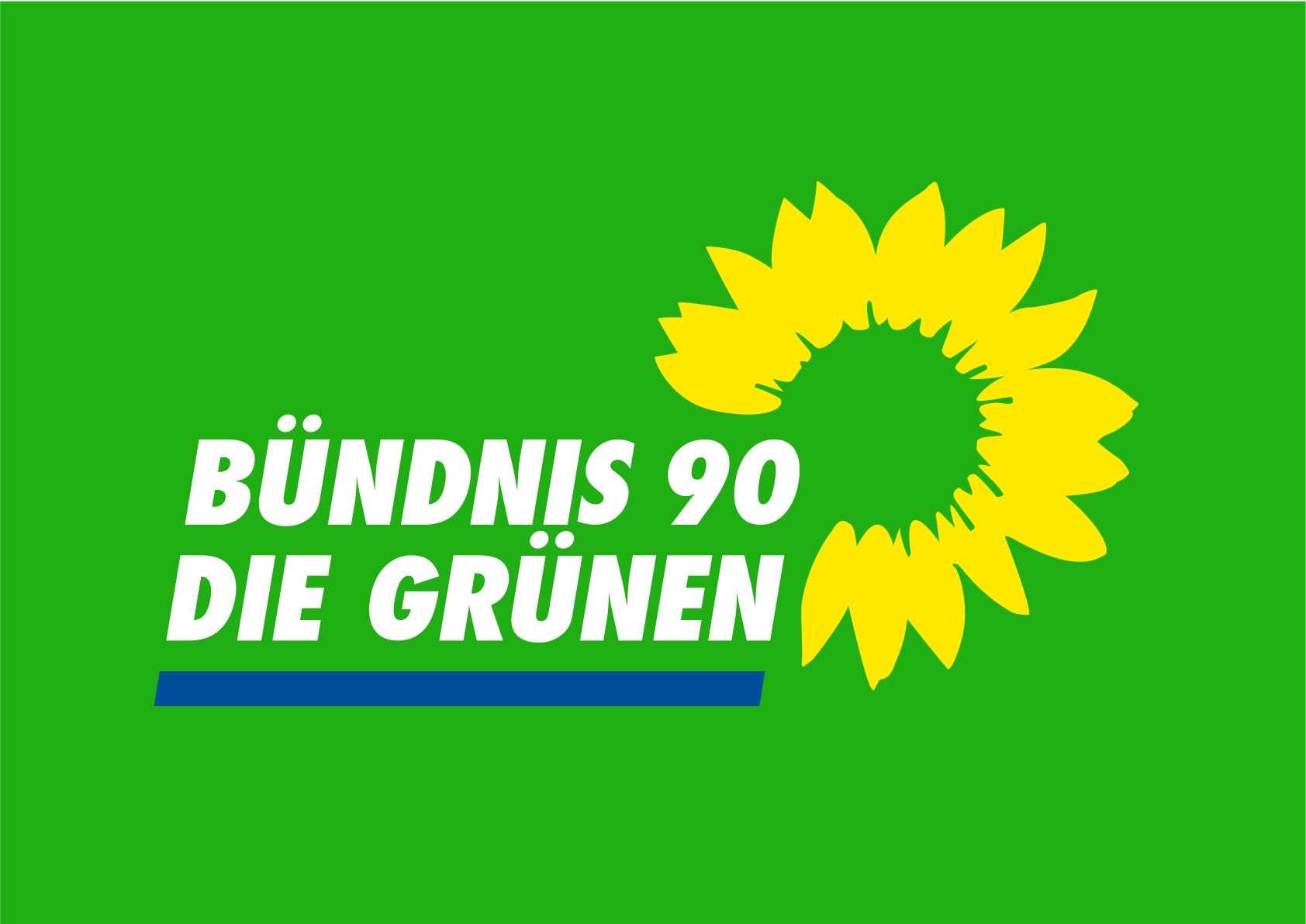 logo of the German Green party, reading Bündnis 90 die Grünen with a green background and yellow sunflower