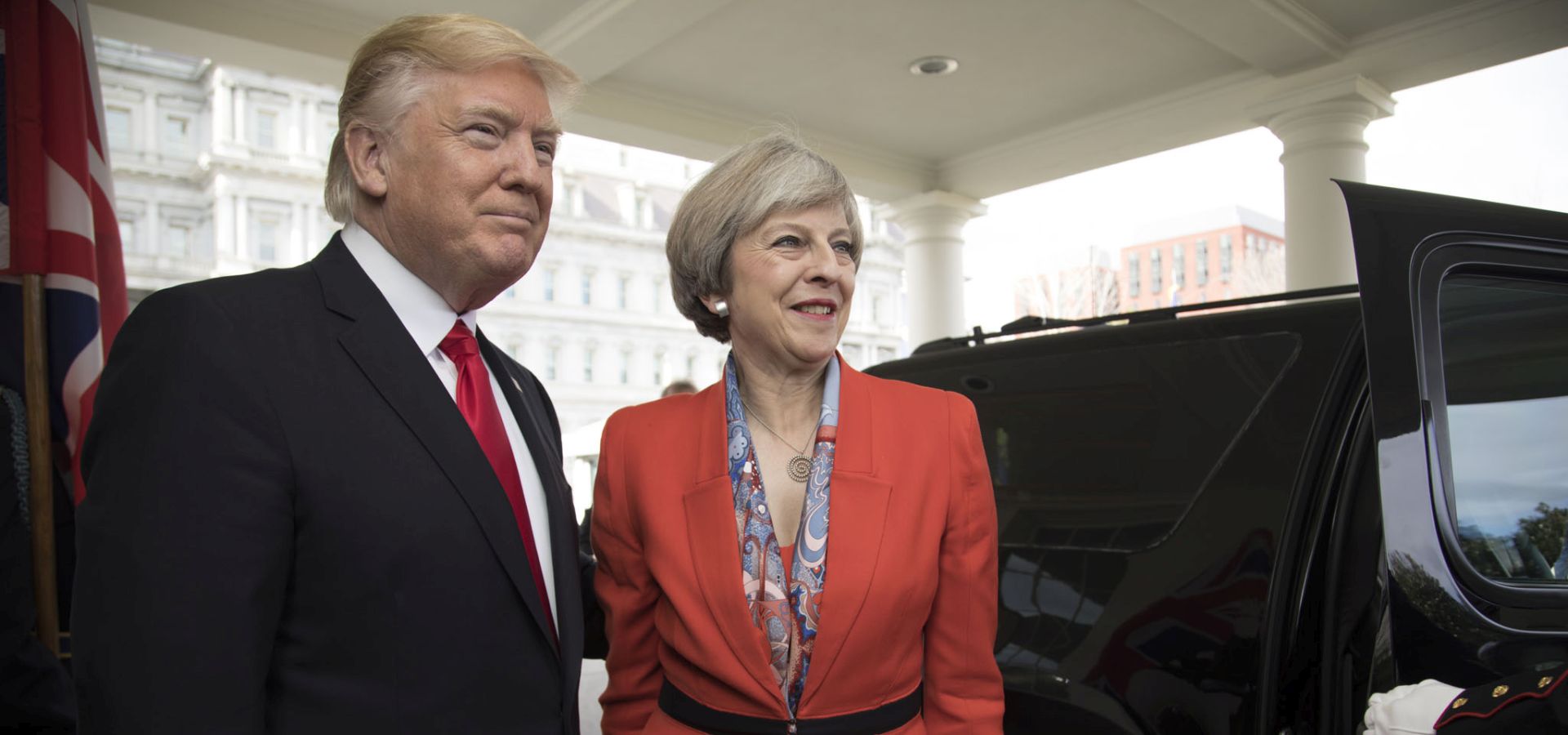 President Donald Trump greets British Prime Minister Theresa May upon her arrival, Friday, Jan. 27, 2017, to the West Wing entrance of the White House in Washington, D.C. (Official White House Photo by Shealah Craighead)