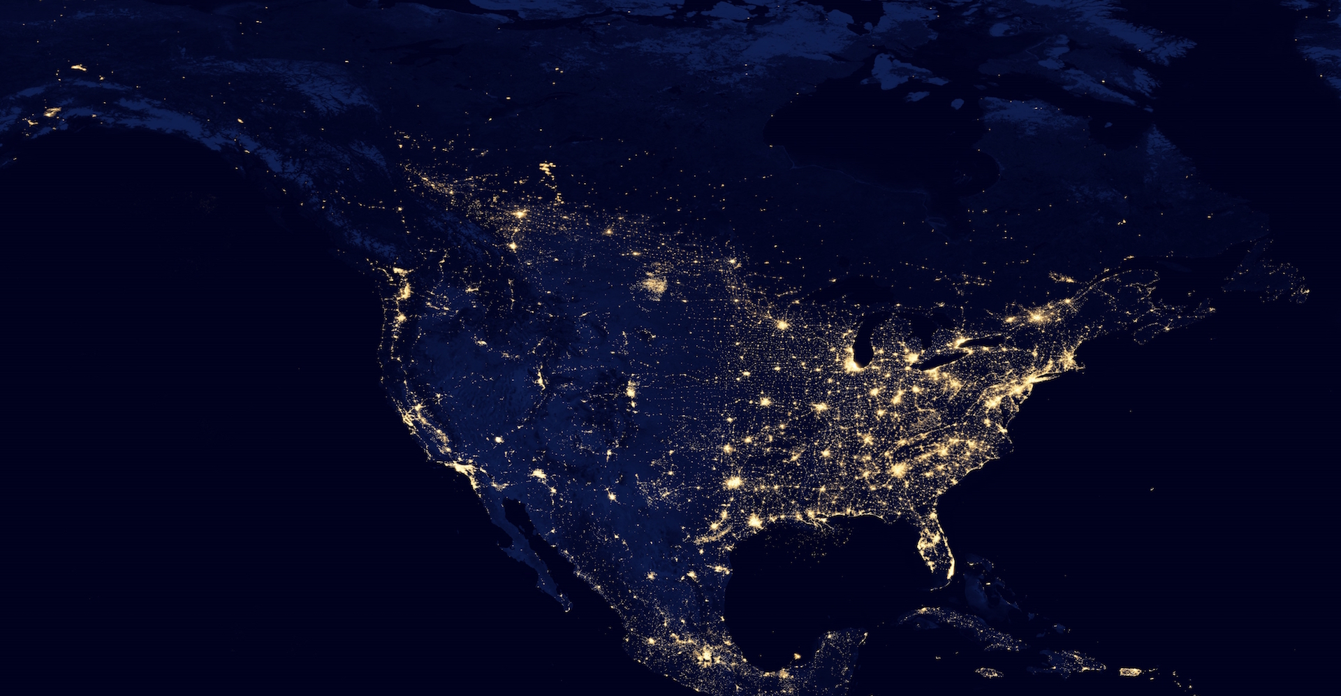 Canada, the US and Mexico as seen from space at night