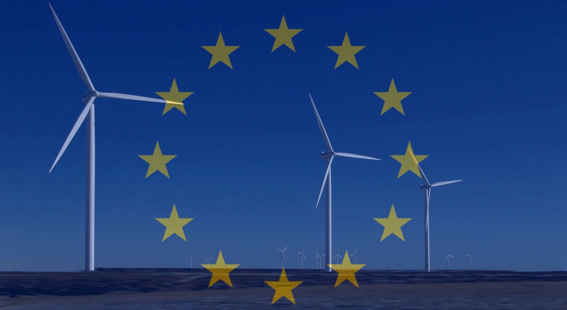 The EU flag laid over an image of wind turbines in a field