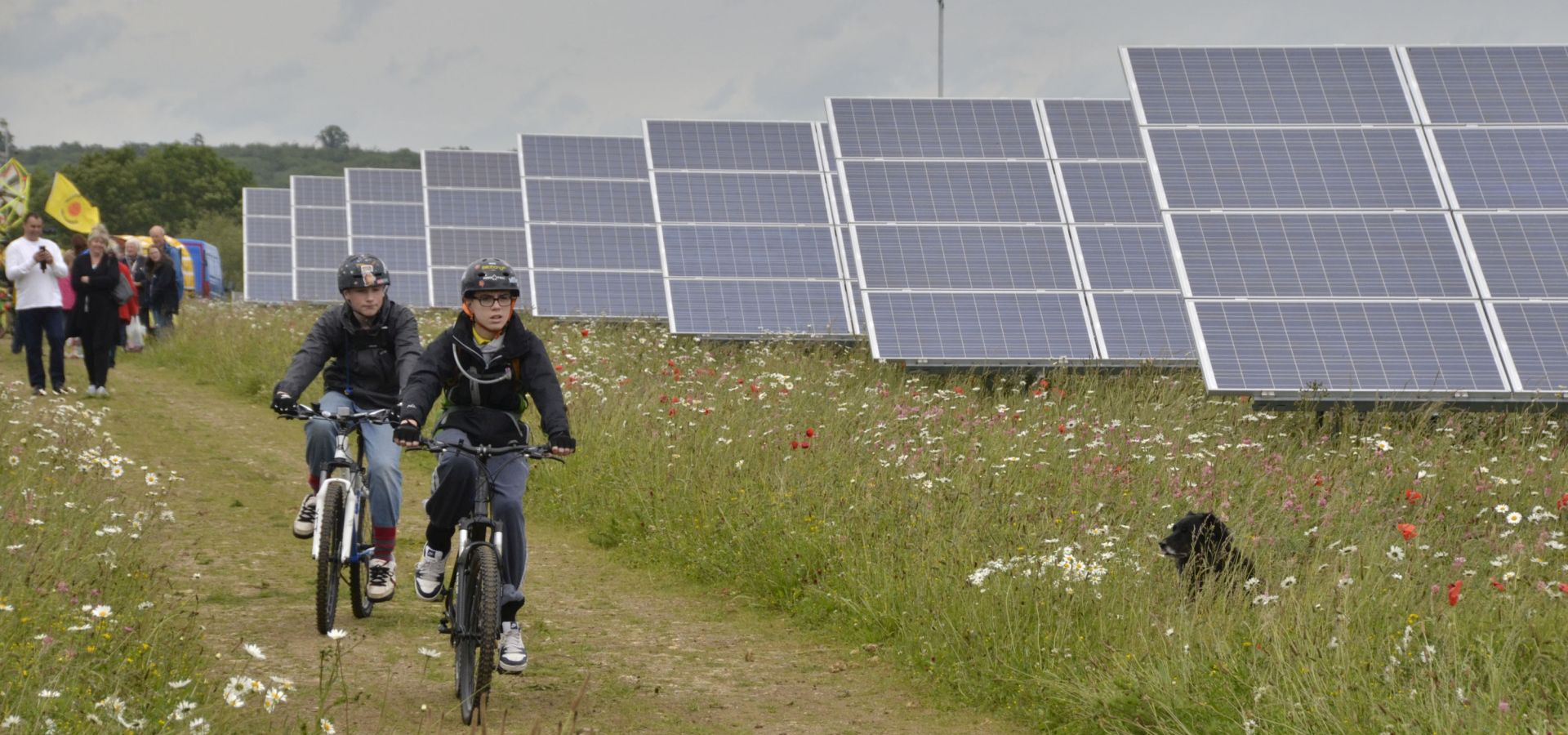 Visitors to the Westmill Solar Cooperative in the UK riding bikes in a field in front of solar panels