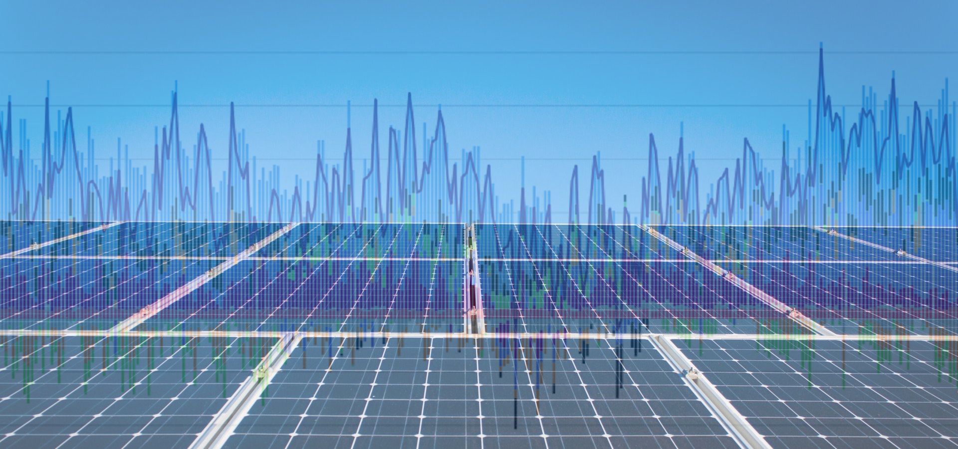 picture of solar panels overlayed with a graph of fluctuating energy costs