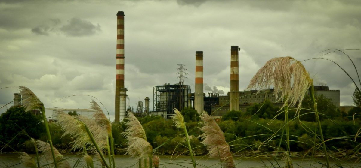 view of the thermal power station Costanera Argentina on a cloudy day with smoke behind