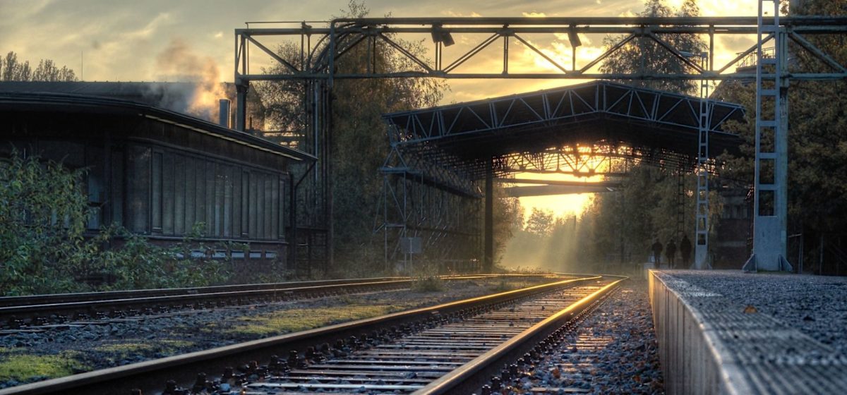view of a German steel plant in the early morning with mist