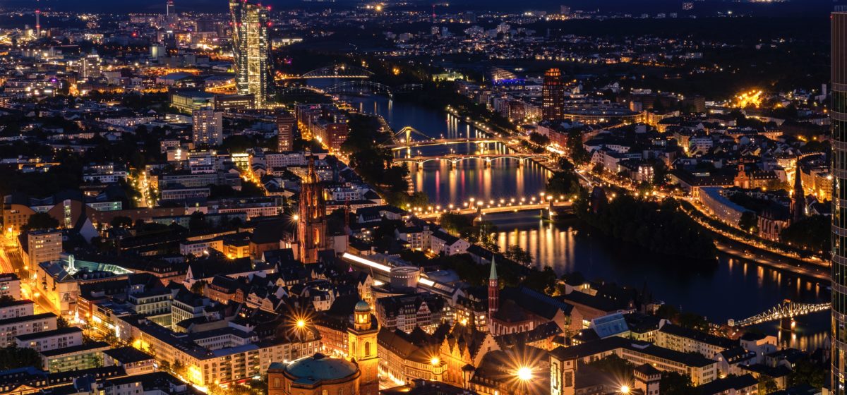 Frankfurt am Main illuminated by night.